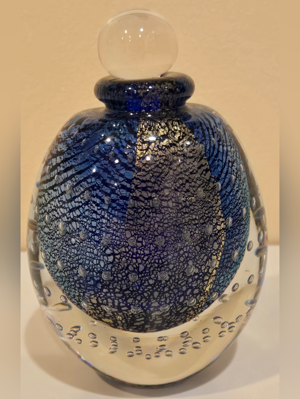 Handblown Blue Glass Art Perfume Bottle with Bubble Accents Signed